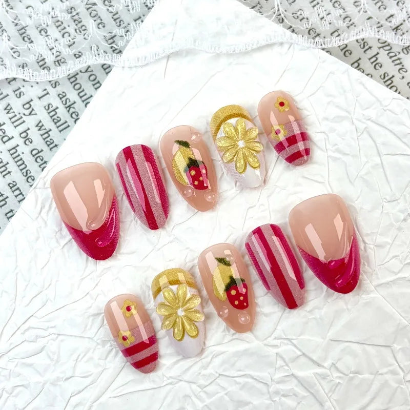 24PCS Spring Summer Pink French Press on Nails Fresh Lemon Strawberry Design Fake Nails for Women Sweet Fruit Almond False Nails