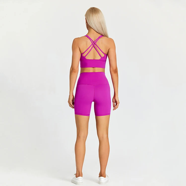ABS LOLI Pockets Yoga Shorts Set Women Fitness Suit 2 Piece Sports Gym Wear Workout Clothes Running Sportswear Sport Outfit