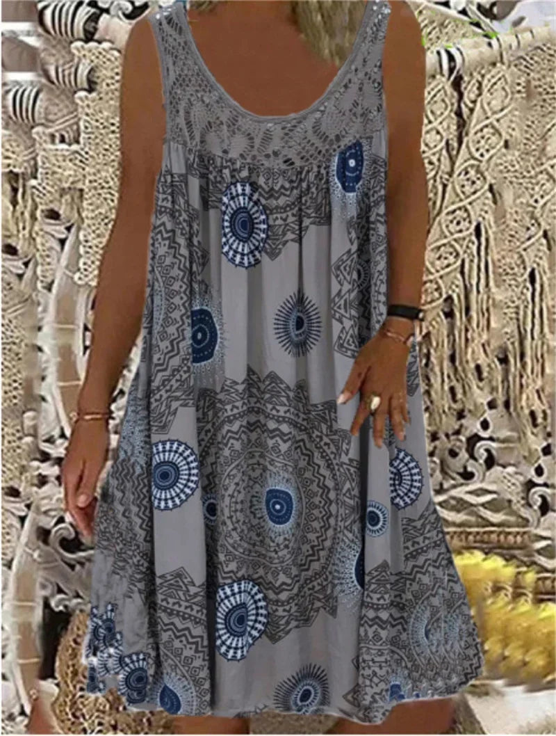 Elegant Lace Splicing O Neck Dresses Women Summer Comfortable Casual Sleeveless Dress Vintage Print Female Loose Midi Gown 2024