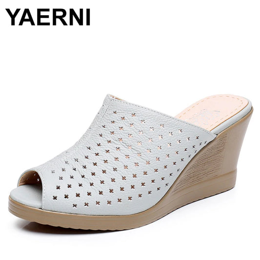 Comfortable Hollow Genuine Leather Women Slippers  Thick Bottom Wedges Fashion  Women Shoes