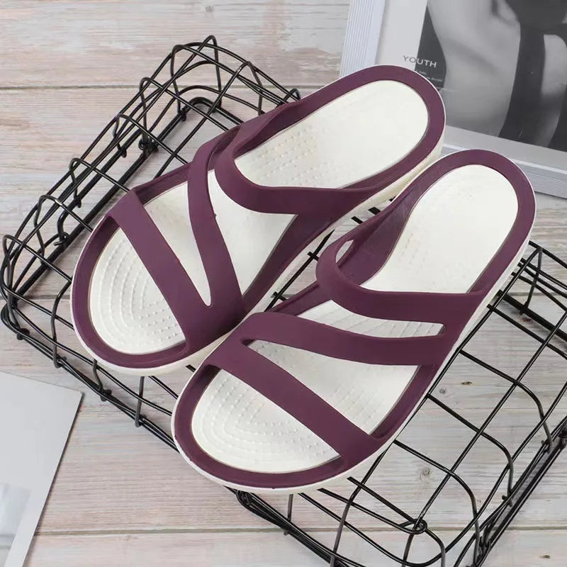 Women's Slippers Flat Bottom Round Head Solid Color Sandals Korean Style Casual Non-slip Lightweight Beach Shoes Sandales Plates