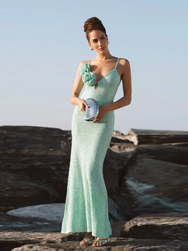 Summer Holiday Elegant Green Sequin Maxi Dress For Women Chic Backless Sleeveless Sling Boycon Robe 2024 Female Beach Vestdios