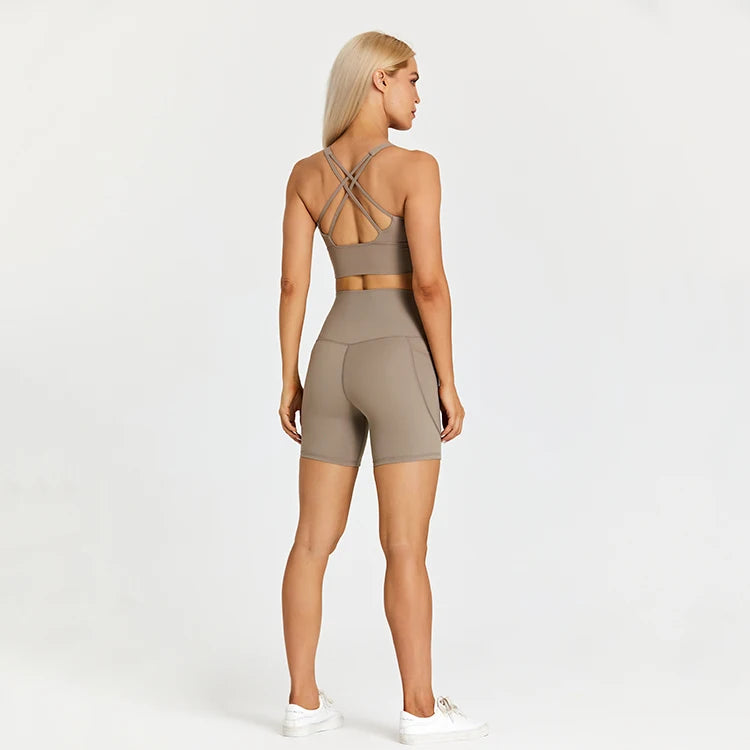 ABS LOLI Pockets Yoga Shorts Set Women Fitness Suit 2 Piece Sports Gym Wear Workout Clothes Running Sportswear Sport Outfit