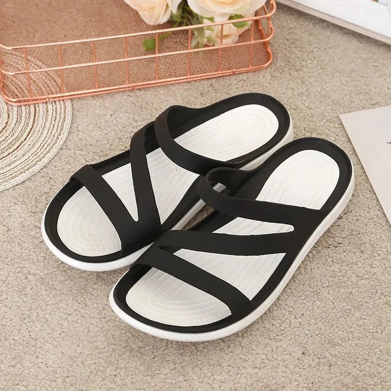 Women's Slippers Flat Bottom Round Head Solid Color Sandals Korean Style Casual Non-slip Lightweight Beach Shoes Sandales Plates