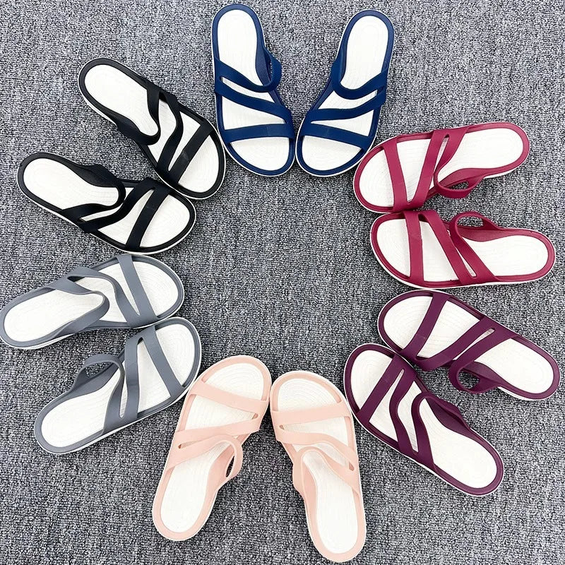 Women's Slippers Flat Bottom Round Head Solid Color Sandals Korean Style Casual Non-slip Lightweight Beach Shoes Sandales Plates