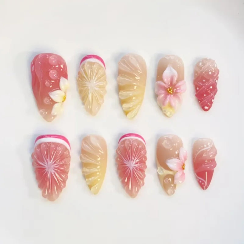 24PCS Spring Summer Pink French Press on Nails Fresh Lemon Strawberry Design Fake Nails for Women Sweet Fruit Almond False Nails