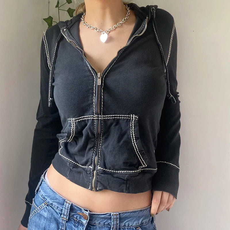 Dourbesty Harajuku Vintage Zip Up Hoodies 90s Aesthetics Y2K Sweatshirts with Pockets E-girls Dark Academia Grunge Coat Crop Top