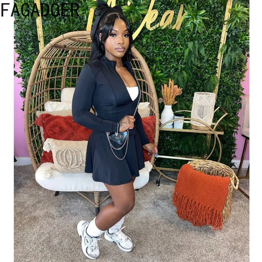 FAGADOER 2024 INS Trendy Sporty Streetwear 2 Piece Set Women Slim Zip Coat + Mini Pleated Skirts Sets (Shorts Inside The Skirt)