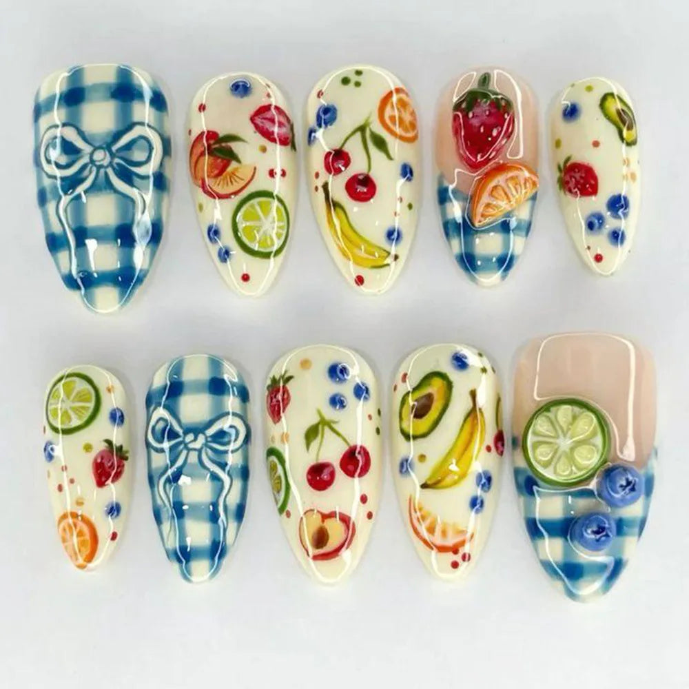 24PCS Spring Summer Pink French Press on Nails Fresh Lemon Strawberry Design Fake Nails for Women Sweet Fruit Almond False Nails