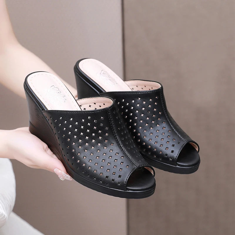 Comfortable Hollow Genuine Leather Women Slippers  Thick Bottom Wedges Fashion  Women Shoes