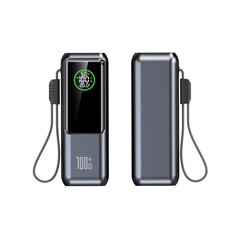 New 100W Super Fast Charging Power Bank with Built-in Cable High Capacity Portable Charger for Laptops Mobile Phones Tablets