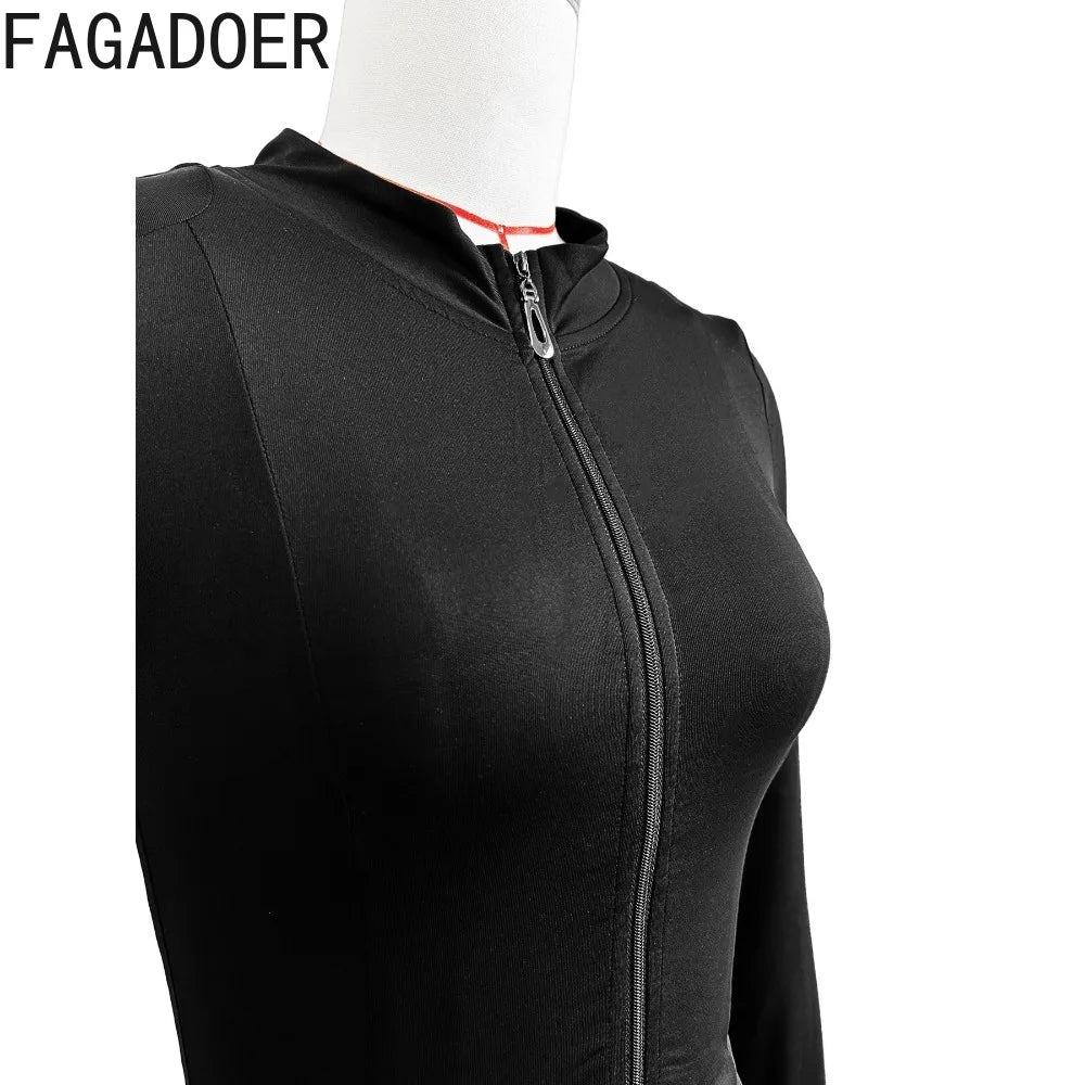 FAGADOER 2024 INS Trendy Sporty Streetwear 2 Piece Set Women Slim Zip Coat + Mini Pleated Skirts Sets (Shorts Inside The Skirt)