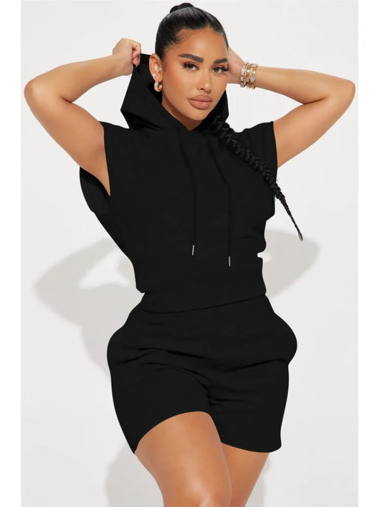 Fashion Casual Sports Sets For Women 2025 Summer Short Sleeve Hooded Shorts Two Piece Set Lades Solid Color Suit Streetwear