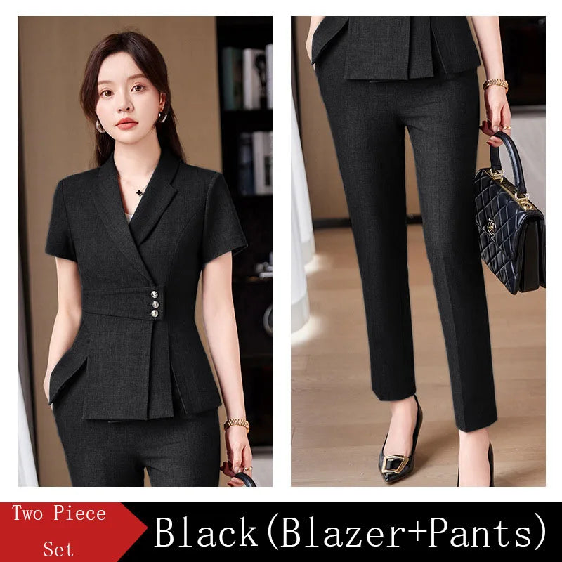 Summer Fabric Professional Women Business Suit with Pants and Jackets Coat Pantsuits Blazers Ladies Work Wear Trousers Set