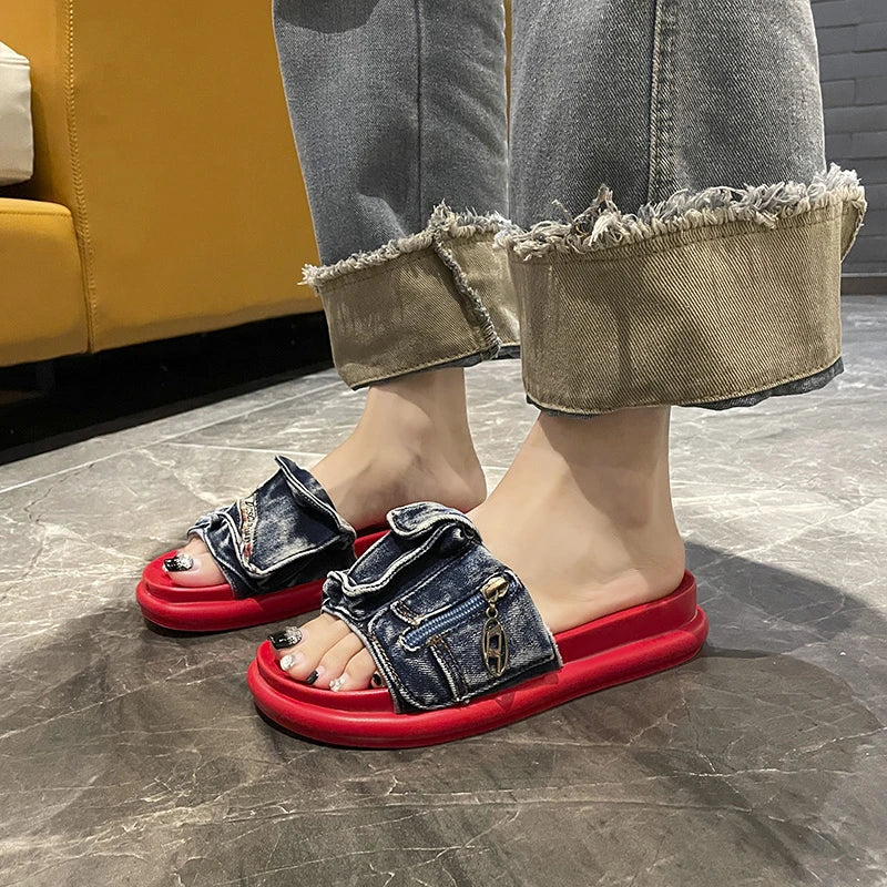 Shoes for Women 2025 Hot Sale Summer Women's Slippers Outdoor Solid Denim Open Toe Low-heeled Large Size Casual Slippers Women