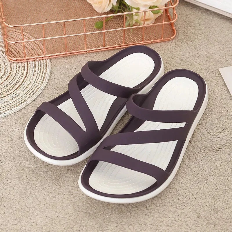 Women's Slippers Flat Bottom Round Head Solid Color Sandals Korean Style Casual Non-slip Lightweight Beach Shoes Sandales Plates