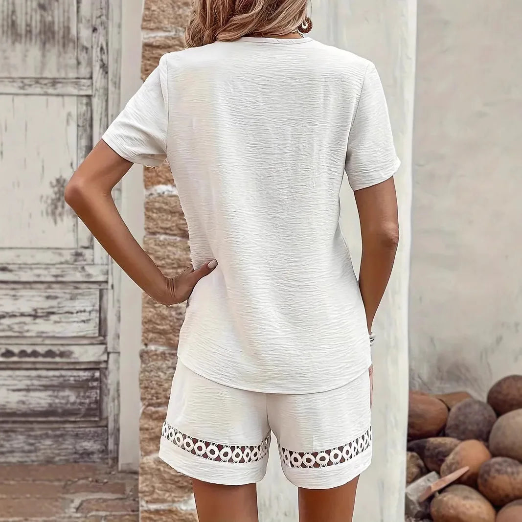 Women's Fashion Set Casual Solid V Neck Short Sleeve Tops+high Waist Shorts Two Piece Sets Women Summer Office Womens 2025