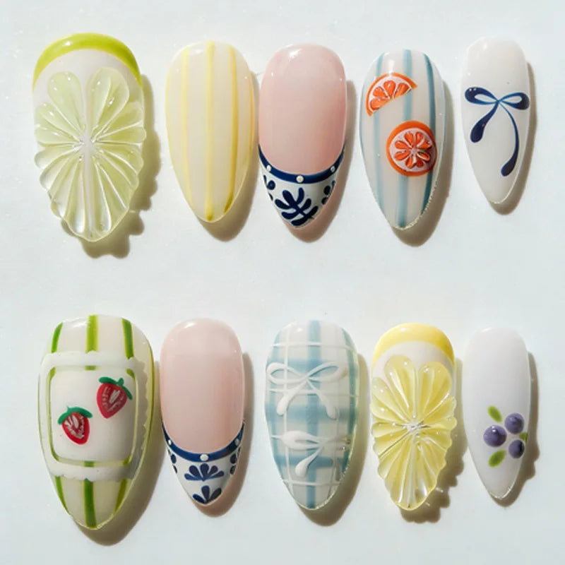 24PCS Spring Summer Pink French Press on Nails Fresh Lemon Strawberry Design Fake Nails for Women Sweet Fruit Almond False Nails