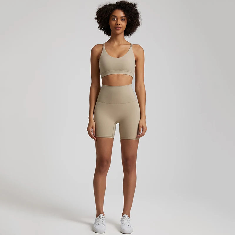 Naked Feel Gym Set Women Workout Clothes High Waist Yoga Shorts and Strappy Sports Bra 2 Piece Short Sets Summer Running Outfits