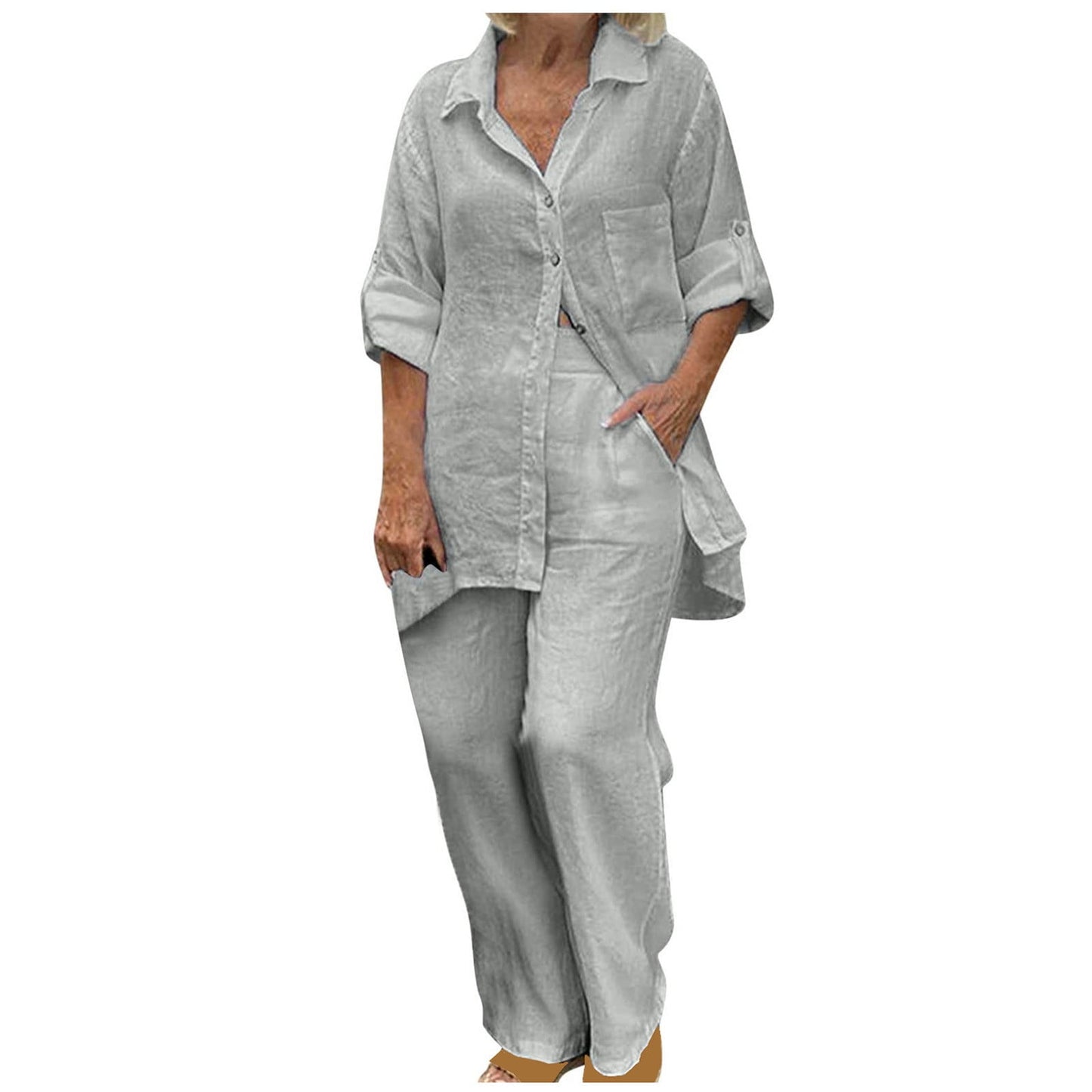 BLVB Women's 2 Piece Cotton Linen Outfit Casual Baggy Long Sleeve Butt