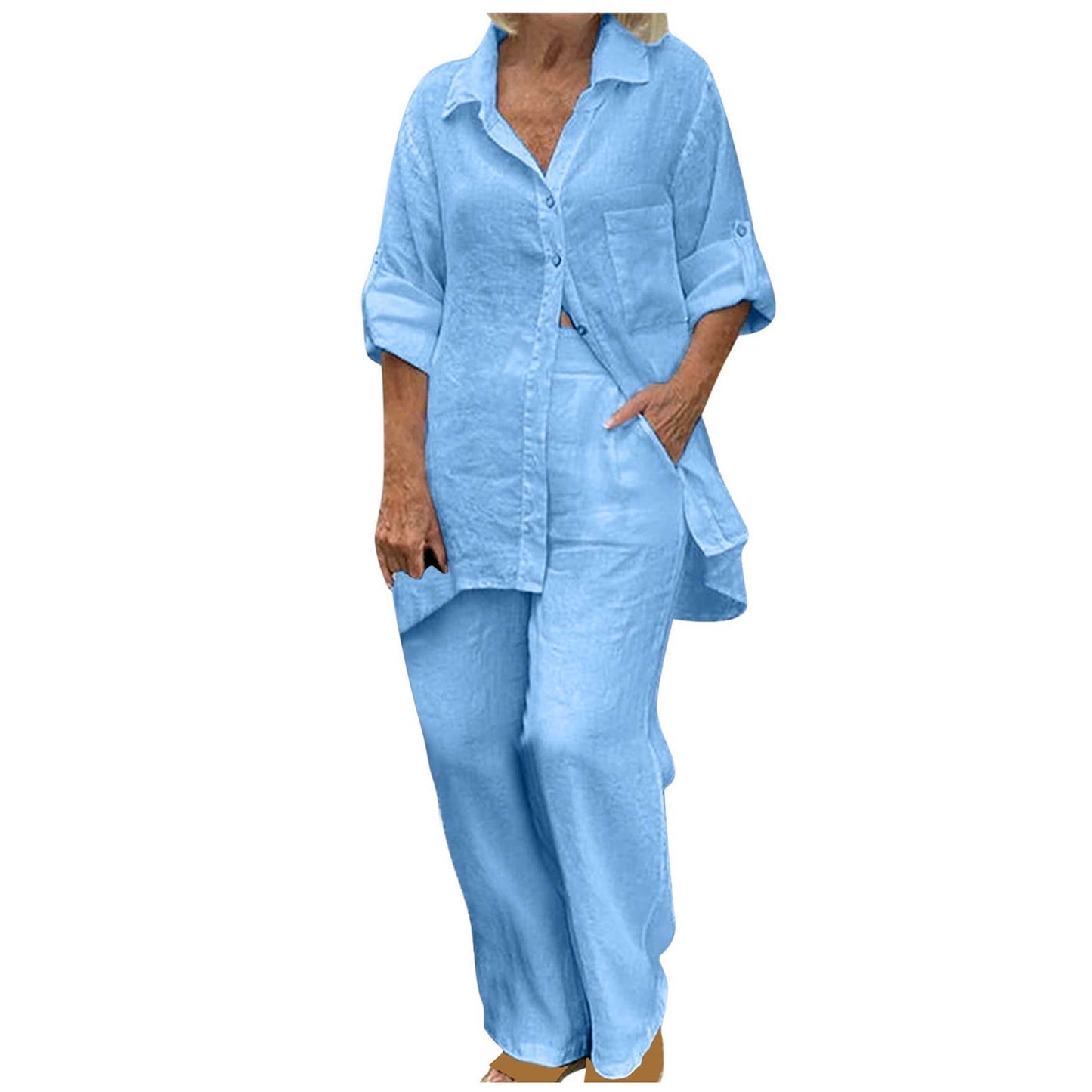 BLVB Women's 2 Piece Cotton Linen Outfit Casual Baggy Long Sleeve Butt