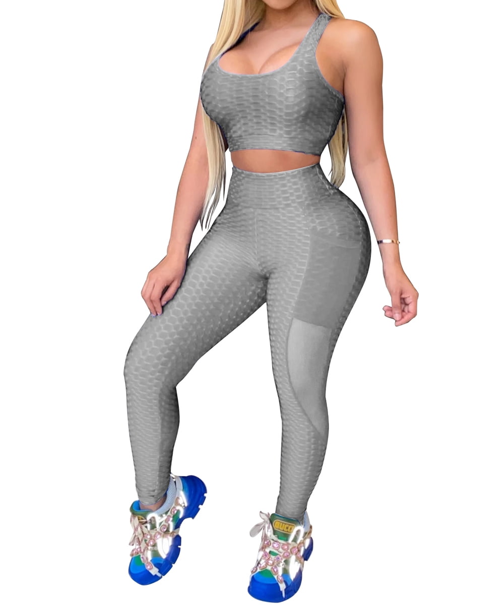 Womens 2PC Butt Lifting Workout Sets Yoga Leggings with Sports Bra Act