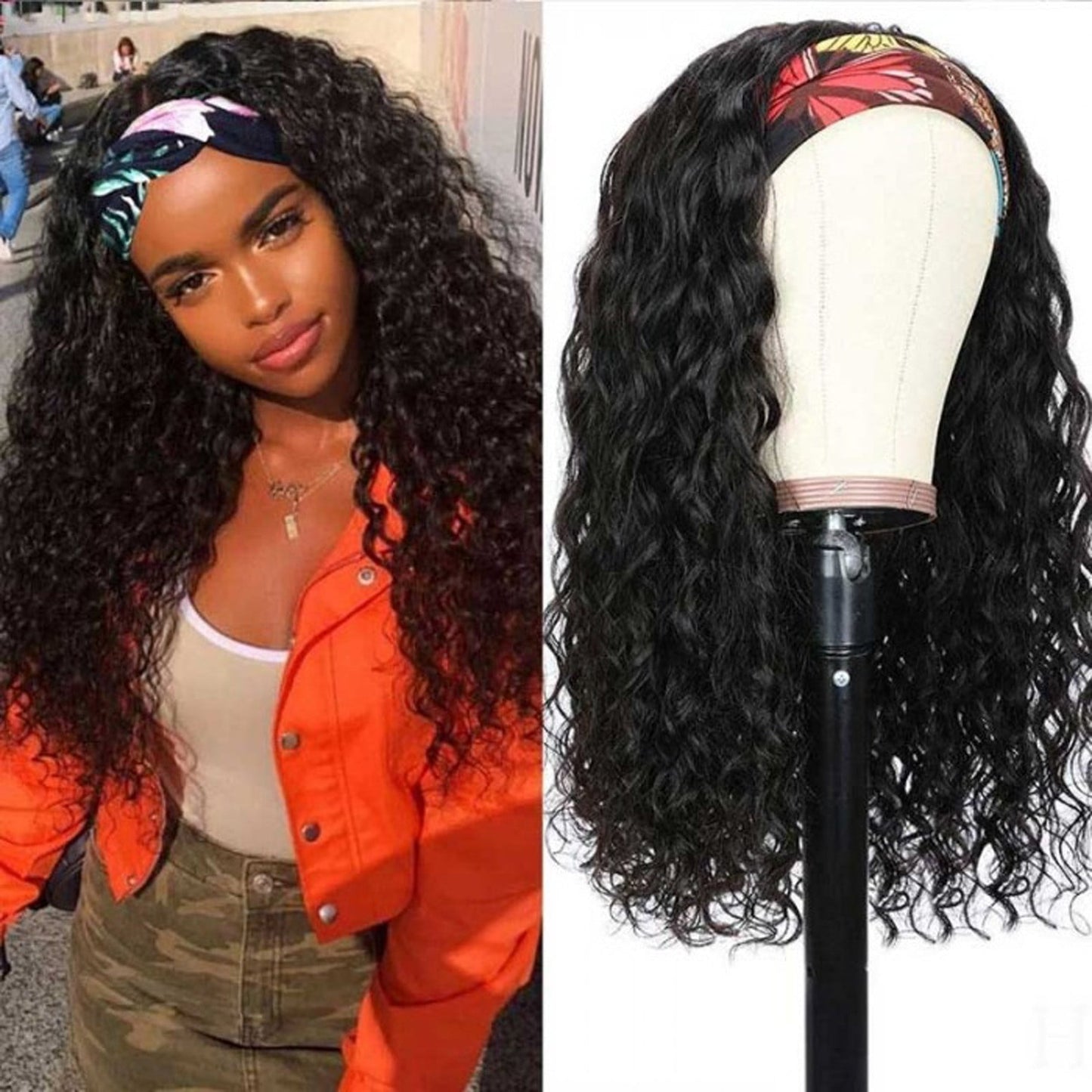 Bouanq Curly Headband Wig Human Hair Wigs for Black Women Brazilian Cu