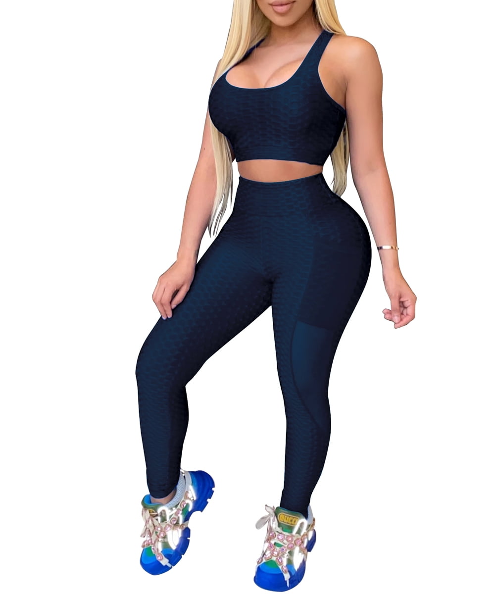 Womens 2PC Butt Lifting Workout Sets Yoga Leggings with Sports Bra Act
