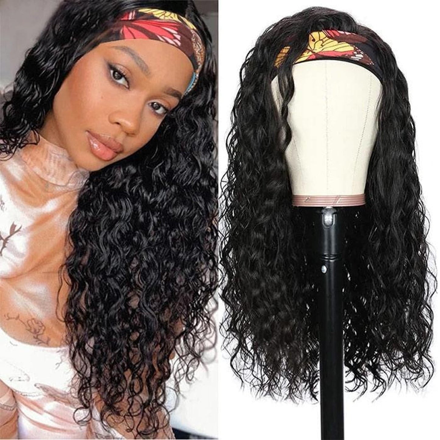 Bouanq Curly Headband Wig Human Hair Wigs for Black Women Brazilian Cu
