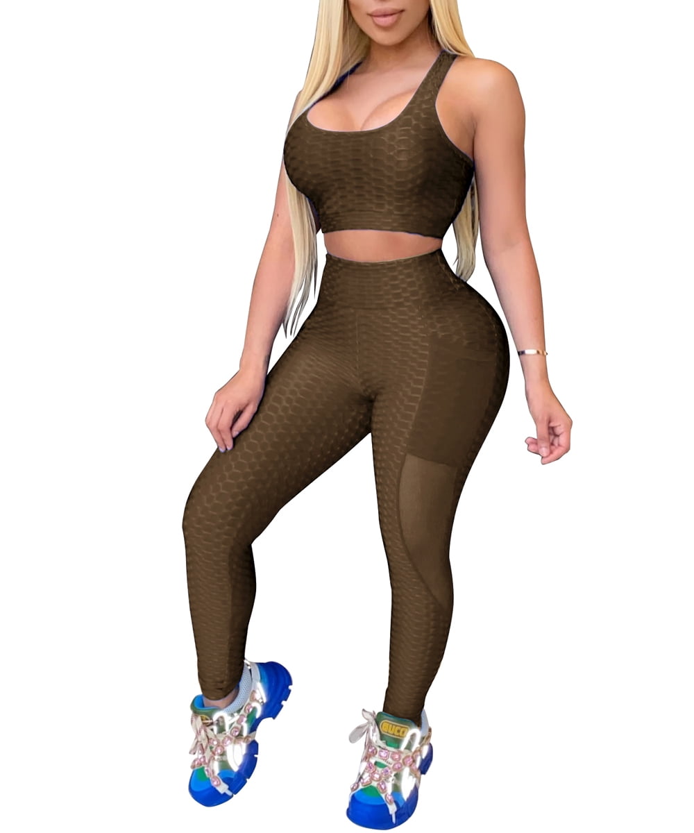 Womens 2PC Butt Lifting Workout Sets Yoga Leggings with Sports Bra Act