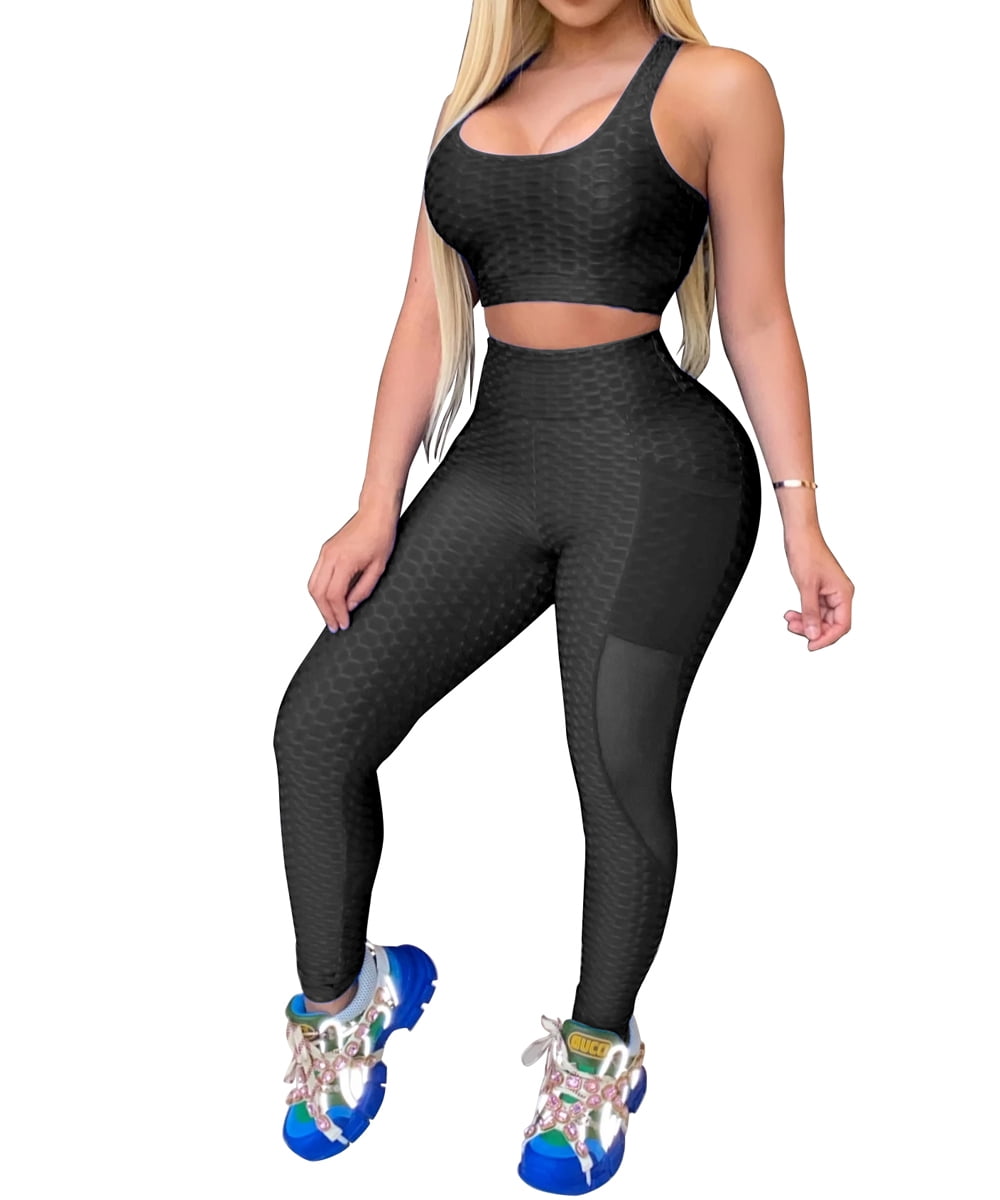 Womens 2PC Butt Lifting Workout Sets Yoga Leggings with Sports Bra Act