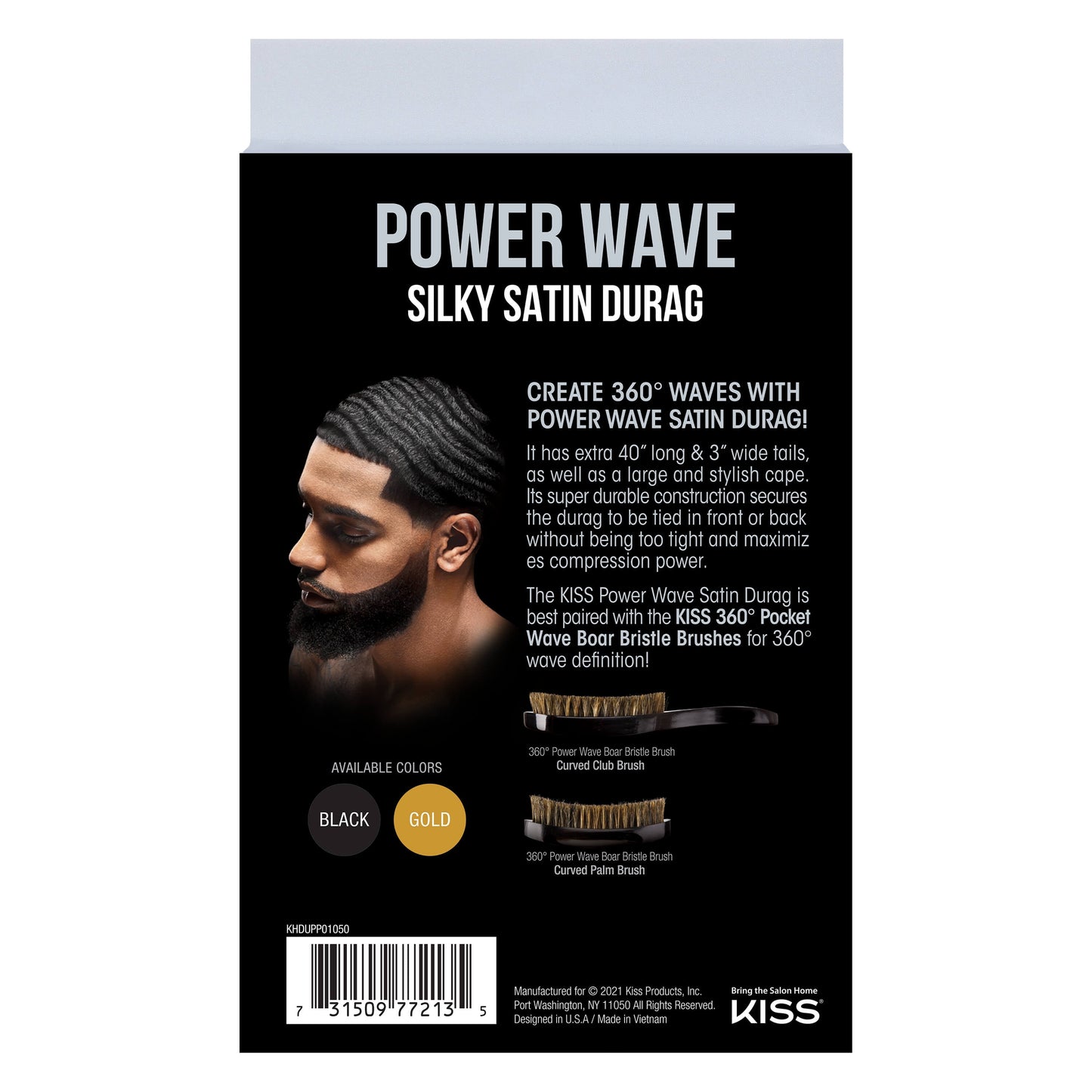 KISS Colors & Care Power Wave Satin Durag, Black, Unisex